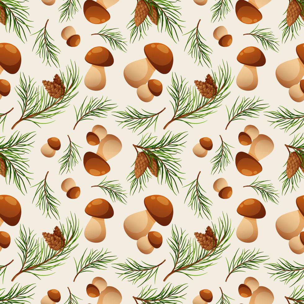 Seamless pattern with pine branches and porcini mushrooms. Forest pattern, mushrooms and needles on light background vector