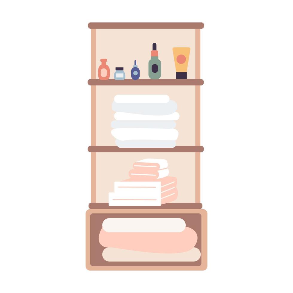 Bottles with cleansing and moisturizing cosmetics products on bathroom shelves. vector
