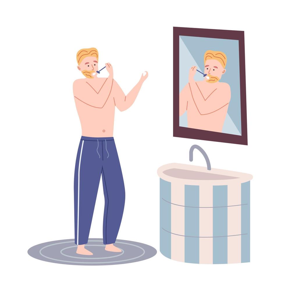 Young man standing in front of mirror and cleansing and shaves. vector