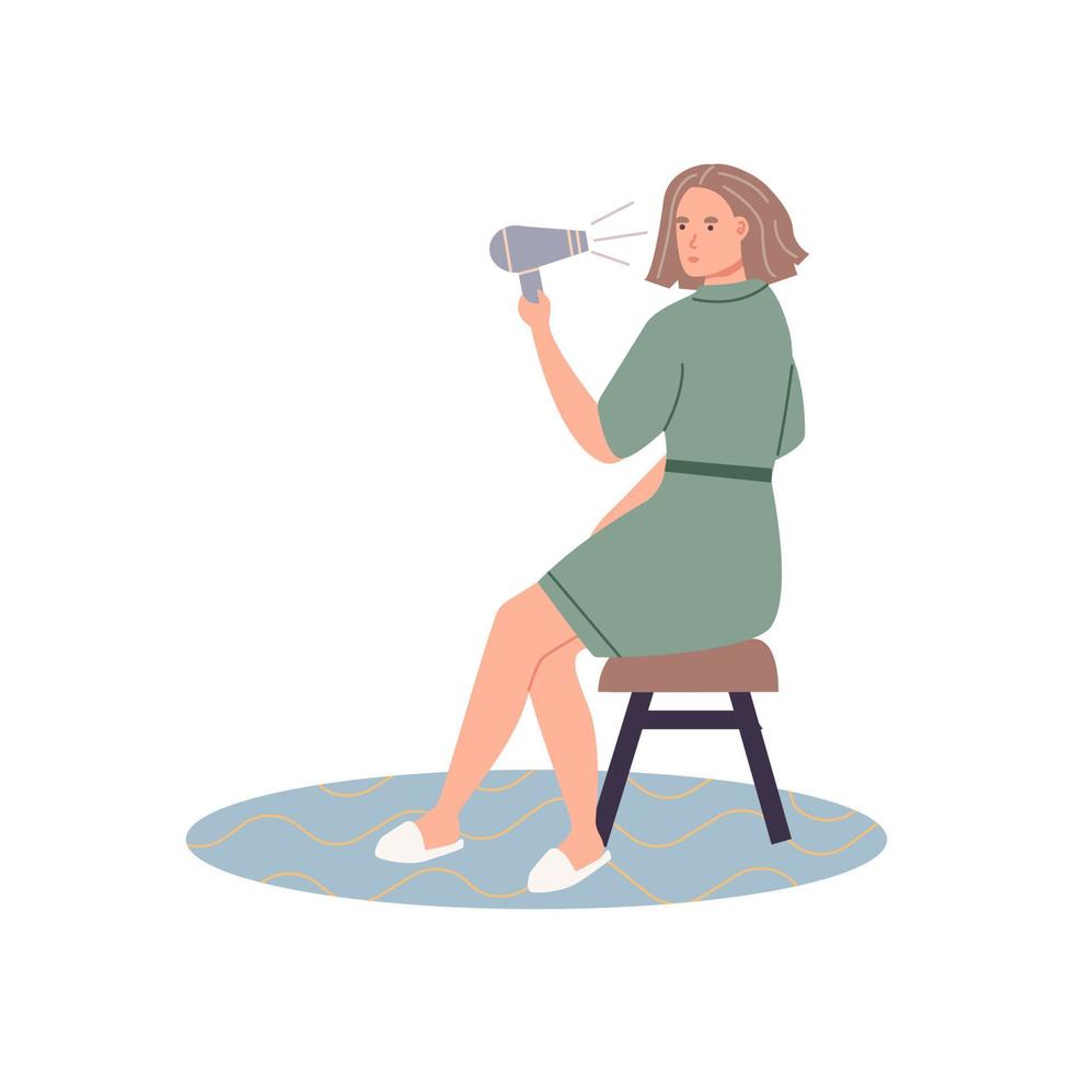 Cute young woman standing in front of mirror combing and drying her hair. vector