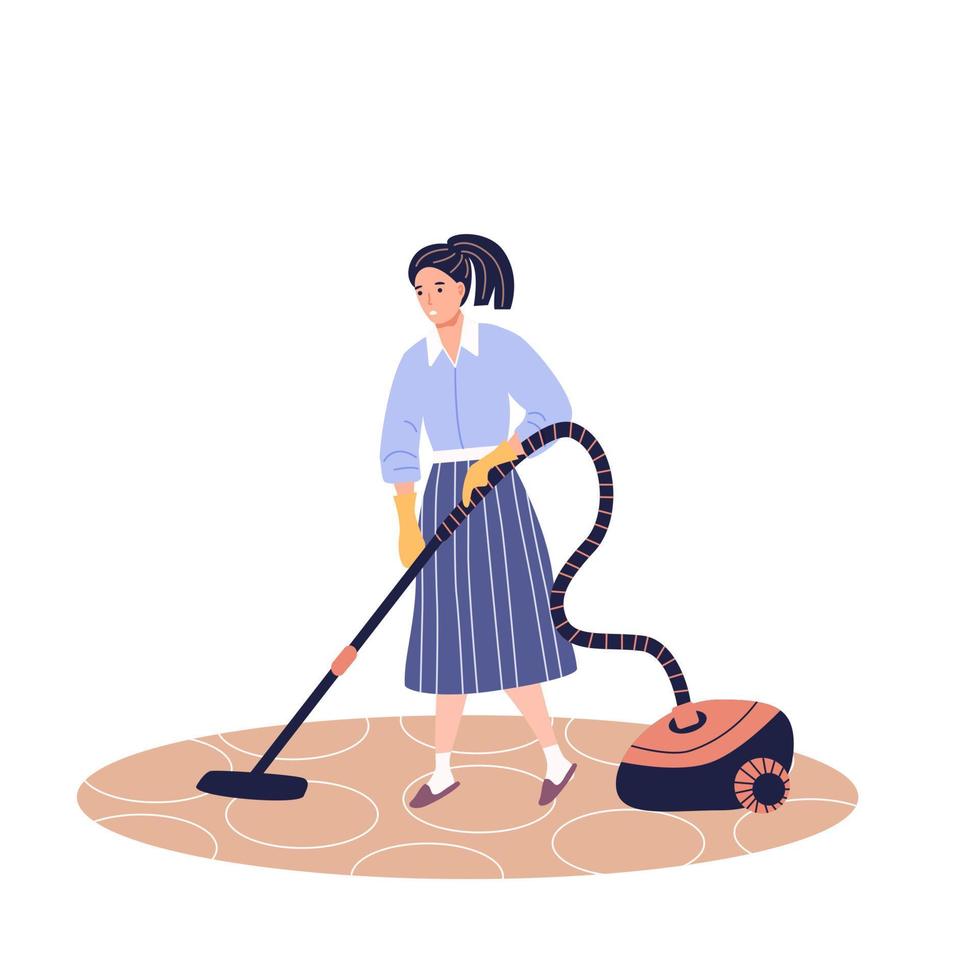 Girl cleaning room. Woman is vacuuming a carpet. vector