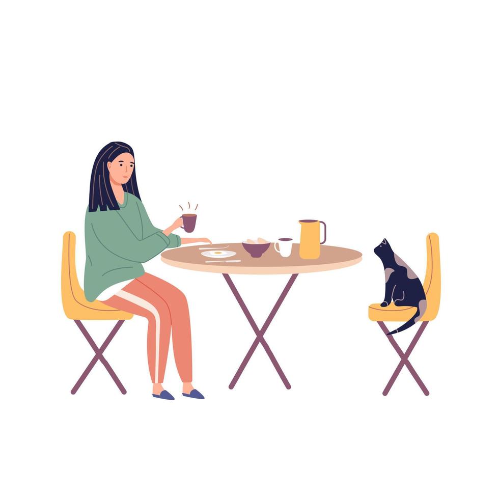 A young woman is eating in the kitchen and has breakfast. vector