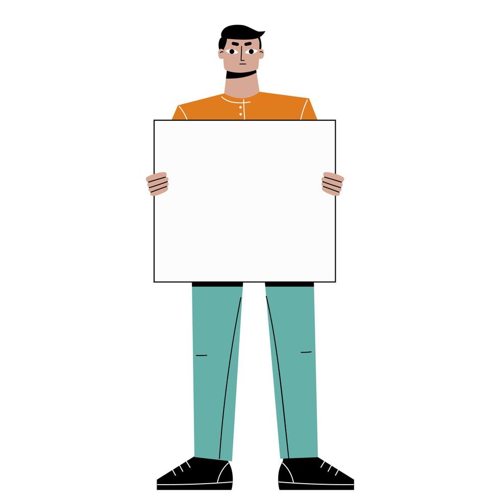 Young man standing and holding a blank white sign with place for text. Vector illustration