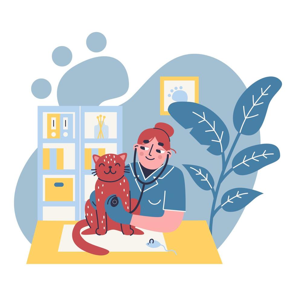 Veterinary doctor with cat. Smiling female veterinary professional. Cartoon veterinary and cat. Vector illustration