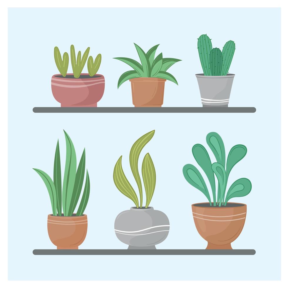 Vector illustration green home plans in pot on shelf set