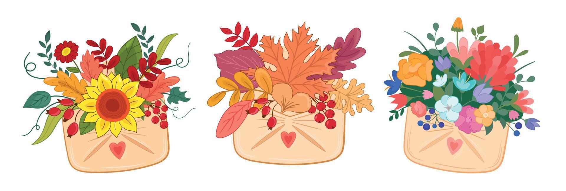 Vector illustration set autumn leaves, flowers  in papper letter and envelope on white isolated background