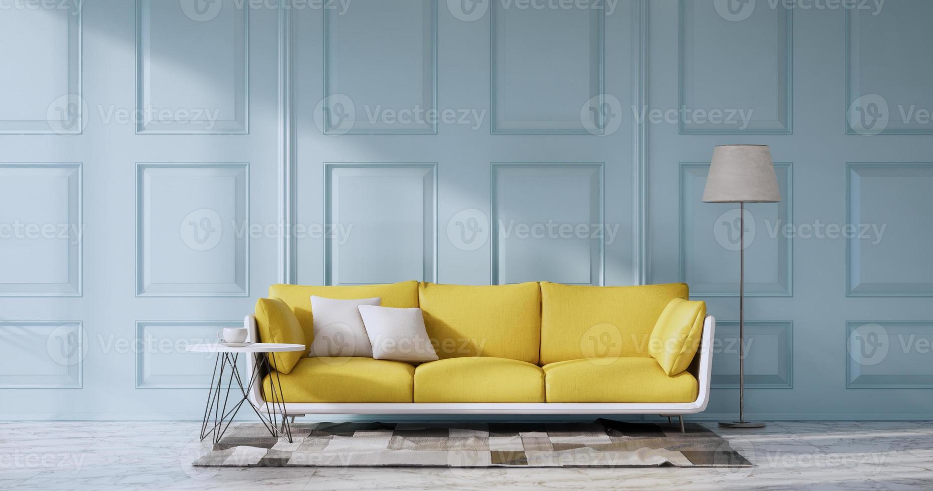 Light blue Living room has decorated with lamps and plants trees .3d rendering photo