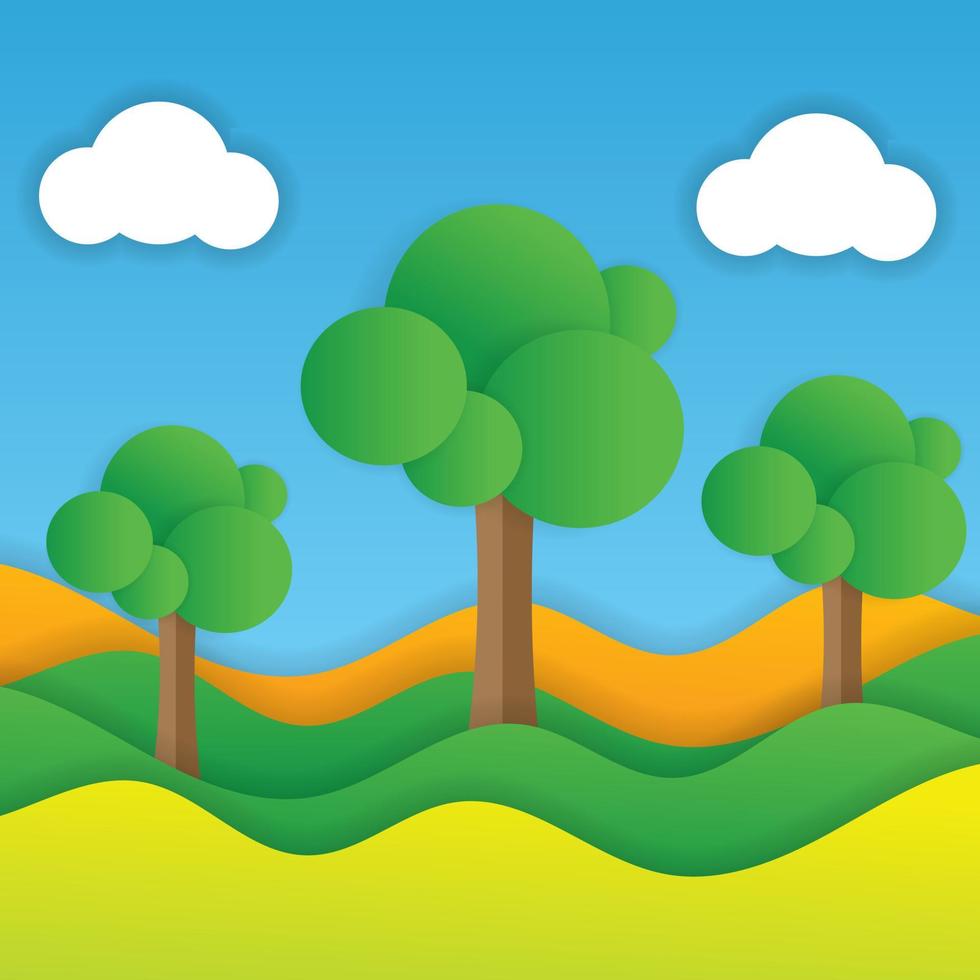 campos verdes y árboles paisaje escénico de verano con nubes en el cielo con estilo de corte de papel. - vectores. vector