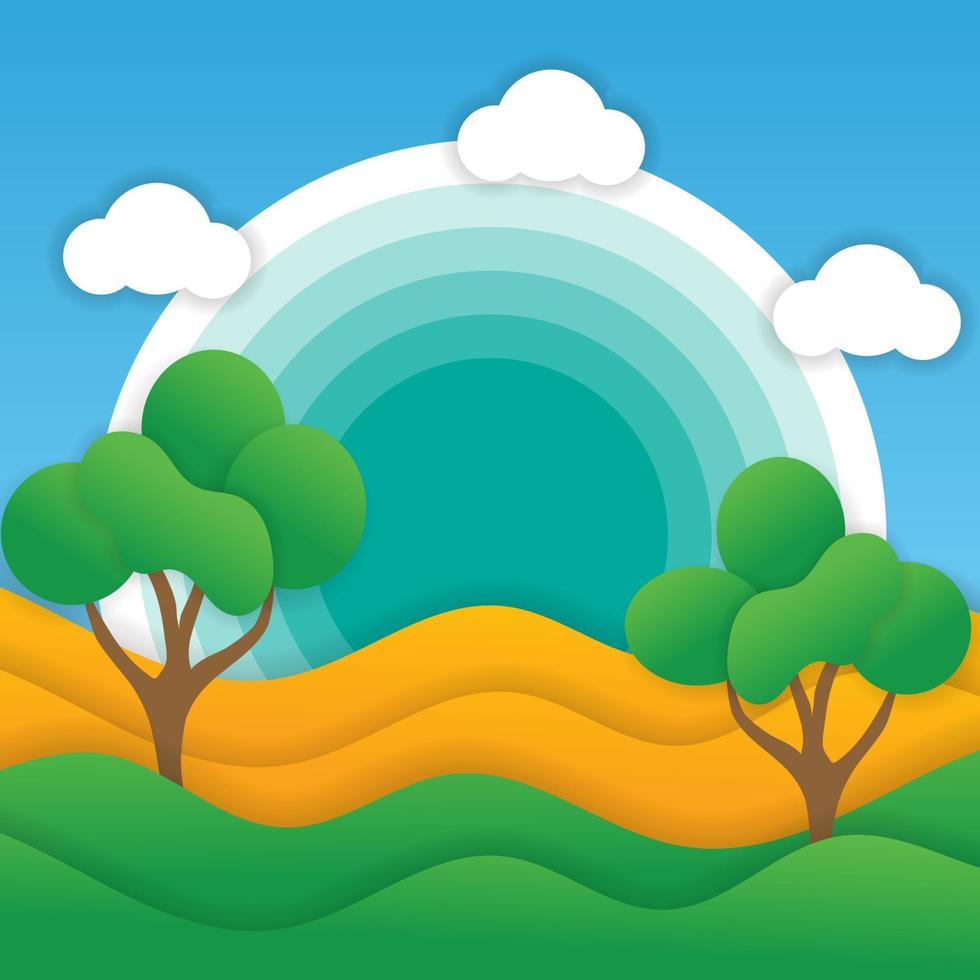 Green fields and trees scenic landscape of summer with clouds in the sky with paper cut style. - Vector. vector