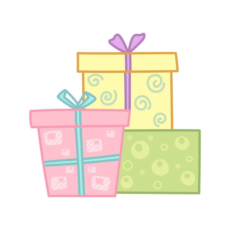 Colorful gift boxes. Design element in cartoon style. Vector illustration isolated on white background.