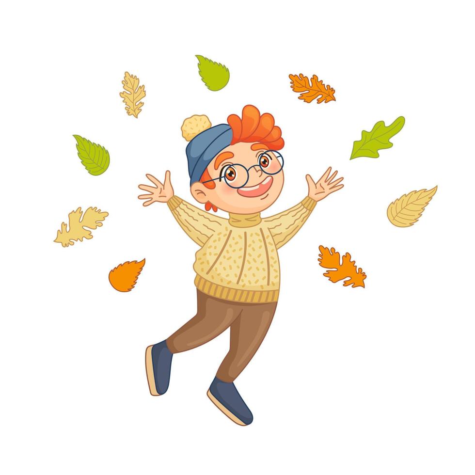 Funny boy in warm hat jumps in leaf fall. Colorful foliage around kid. Cozy autumn illustration in cartoon style. vector