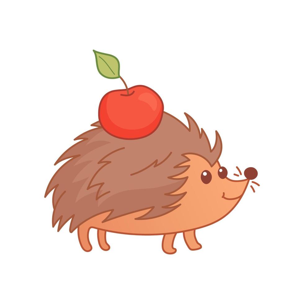 Cute hedgehog carry red apple. Lovely forest animal. Autumn illustration in cartoon style. Vector art isolated on white background.