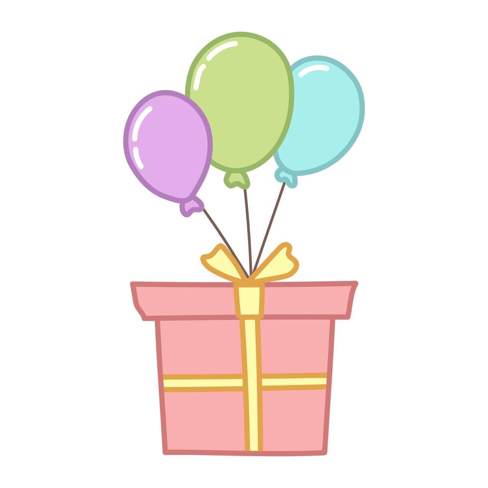 Gift box with balloons. Cartoon style. Vector illustration isolated on white background.