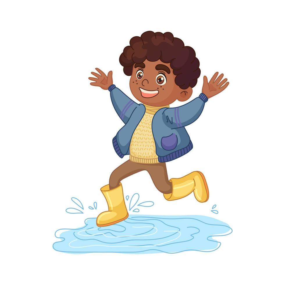 Cheerful black boy runs by puddles. Kid in rubber yellow boots. Autumn illustration in cartoon style. Vector art isolated on white background.