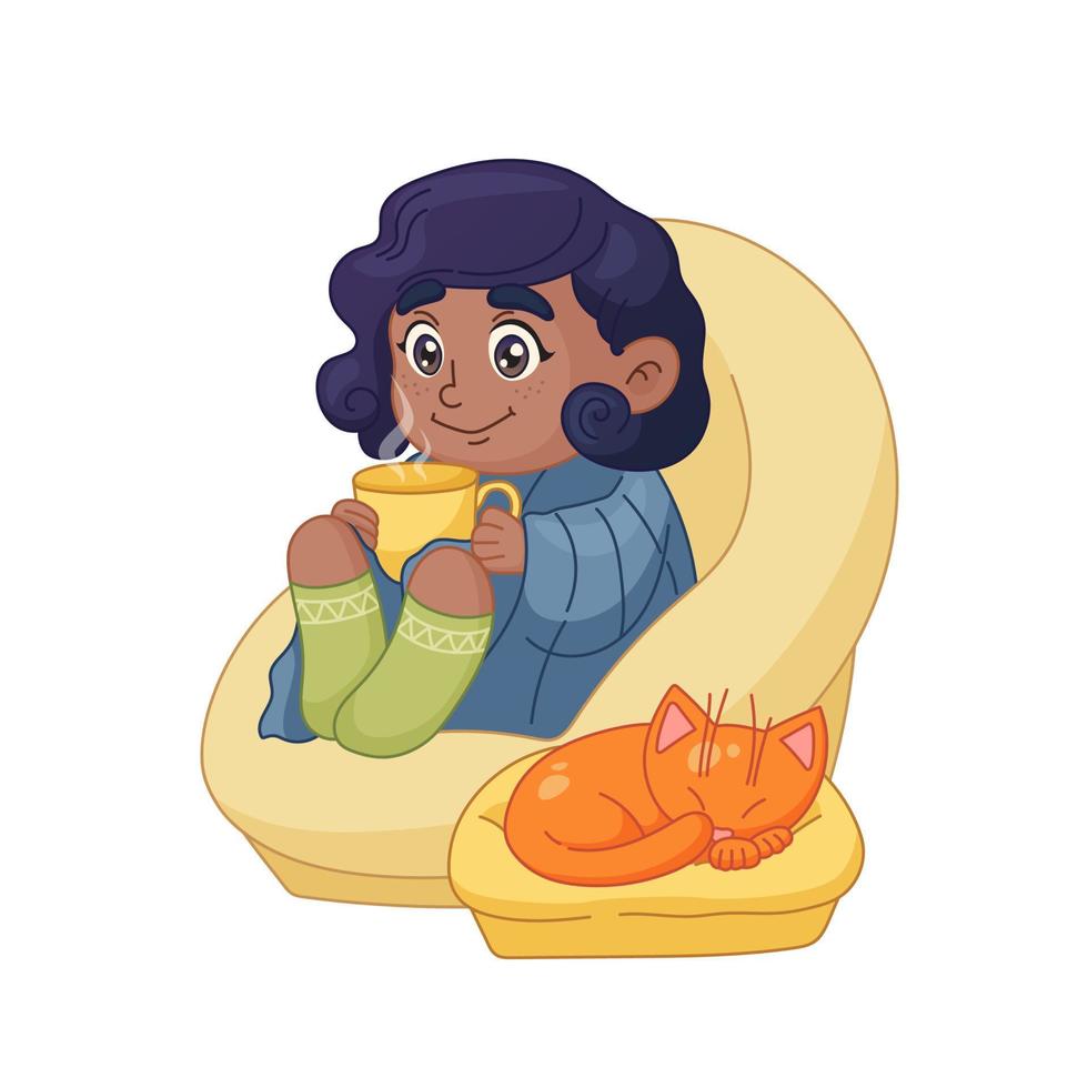 Cute girl holds hot cup of coffee or tea. Kid sitting under warm comfortable blanket. Red sleeping cat. Cozy autumn time with pet. Illustration in cartoon style. Vector art isolated on white.
