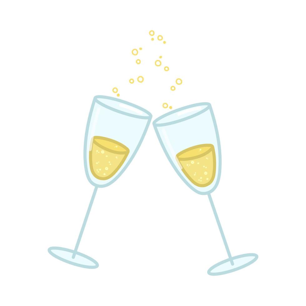 Two glasses with sparkling champagne. Cartoon style. Vector illustration isolated on white background.