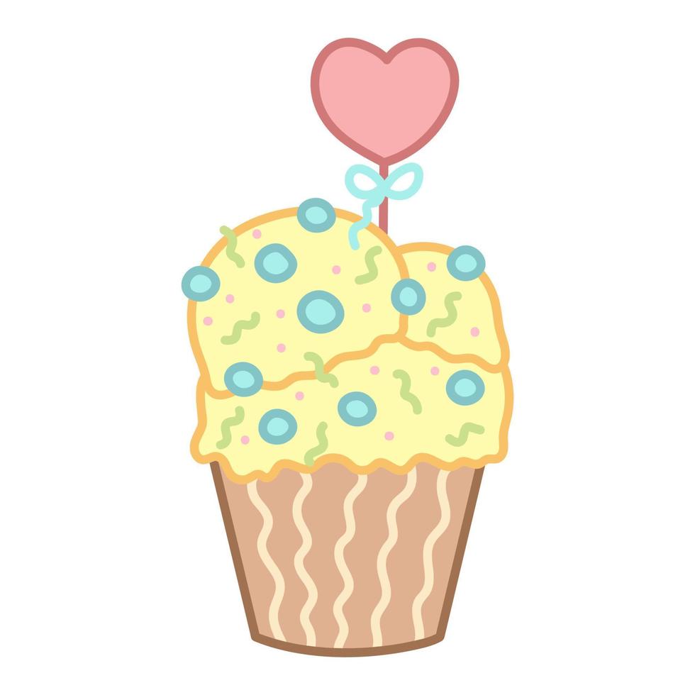 lindo cupcake con glaseado amarillo en estilo de dibujos animados. decoración del corazón. vector aislado sobre fondo blanco.