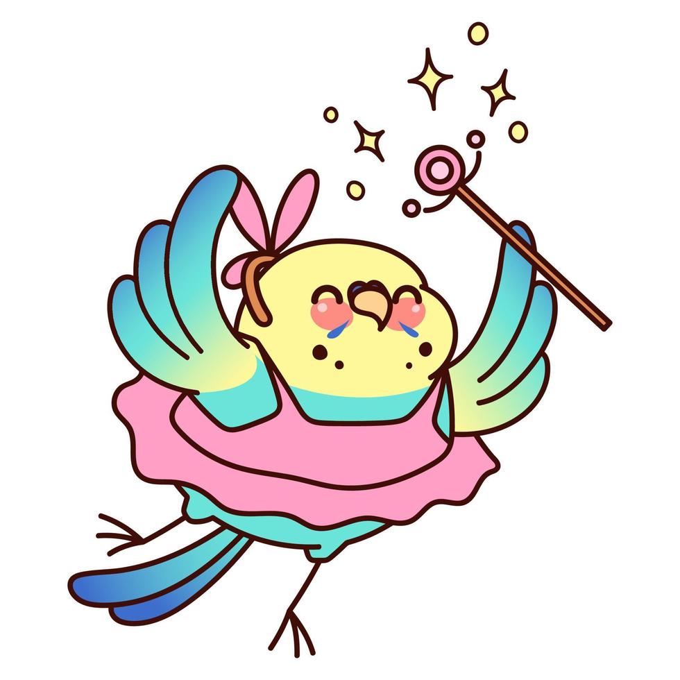 Joyful parrot in the form of a fairy with a magic wand. Cute blue budgie. Kawaii vector sticker isolated on a white background.