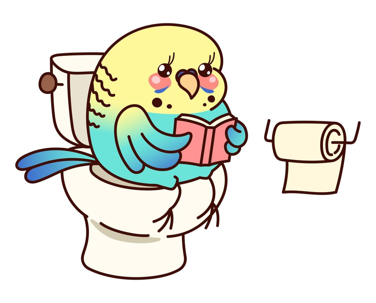 Parrot sits on the toilet bowl and reads a book. Kawaii character. Blue budgie. Funny sticker. Cute vector illustration isolated on white background.