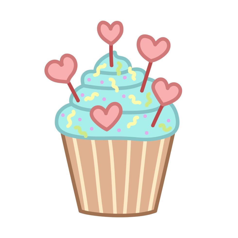 Cupcake with blue icing and hearts. Cartoon style. Vector illustration isolated on white background.