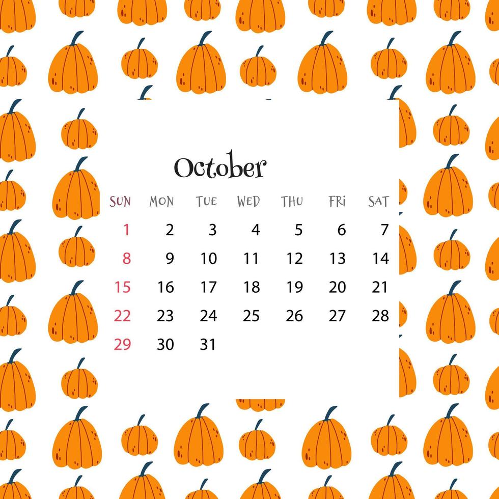 2023 Calendar for October. Vector illustration of month calendar on
