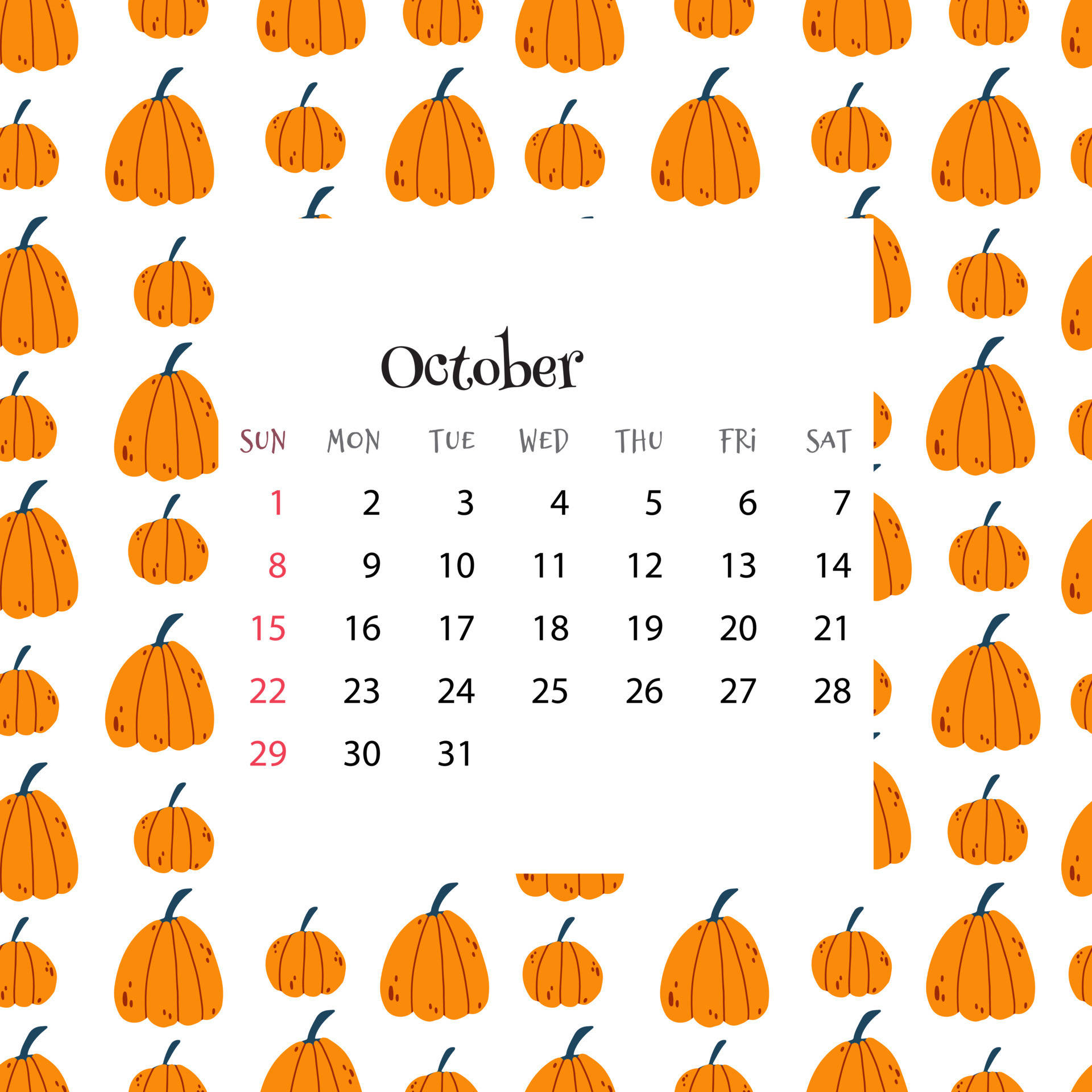2023 Calendar for October. Vector illustration of month calendar on