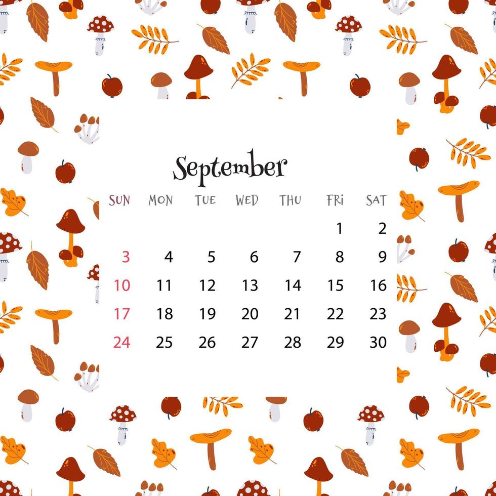 2023 Calendar for September. Vector illustration of month calendar on seamless pattern with autumn leaves and mushrooms in cartoon flat style. Colorful backgroud with month grid.