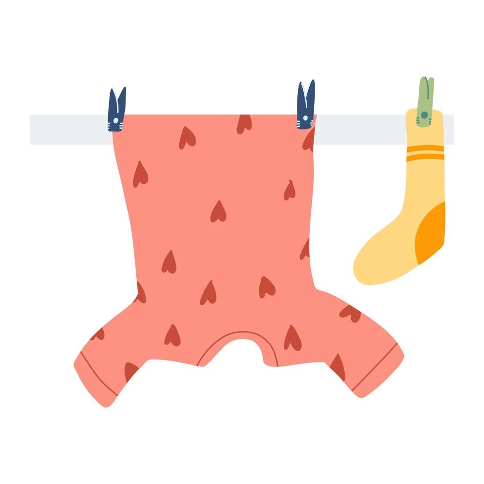Wet clothes hanging and drying on drying rack in cartoon flat style. Vector Illustration of colorful T shirt and socks with clothespins on a rope.