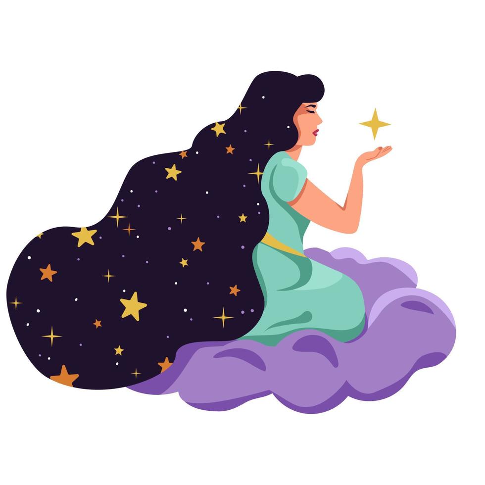 una mujer con cabello largo sostiene una estrella en sus manos. mujer espiritualizada, equilibrio, unidad con el cosmos. vector