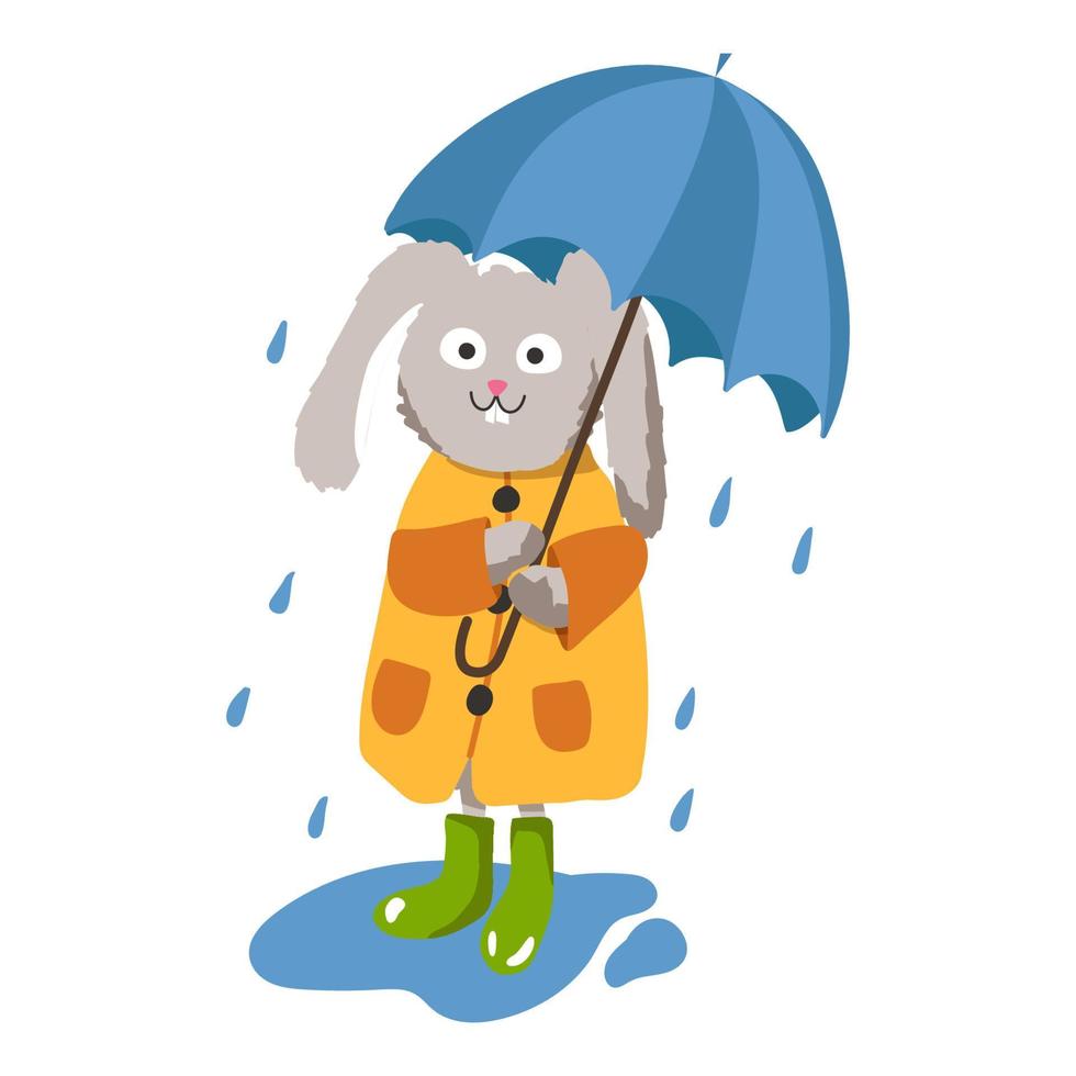 The rabbit is hiding from the rain under the rain. Children's illustration vector