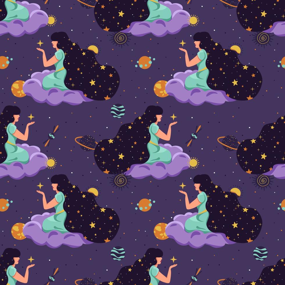 A woman with long hair holds a star in her hands. Magic, sorcery, dreams. Seamless pattern vector