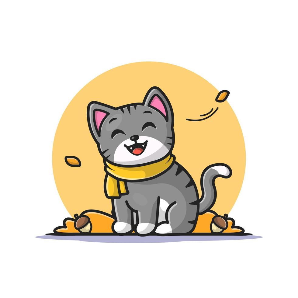 lindo gato en la ilustración de icono de vector de dibujos animados de otoño. concepto de icono de naturaleza animal vector premium aislado. estilo de dibujos animados plana