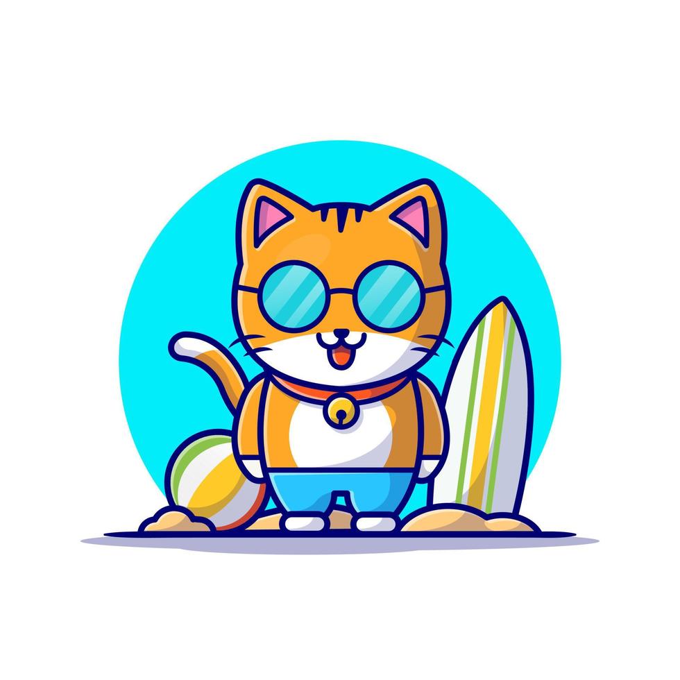ilustración de icono de vector de dibujos animados de playa de verano de gato lindo. concepto de icono de vacaciones de animales vector premium aislado. estilo de dibujos animados plana