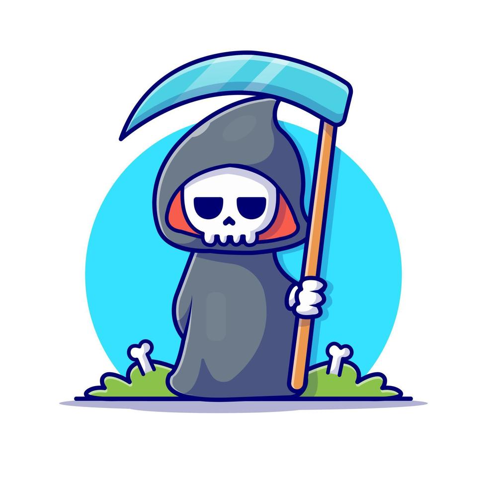 Cute Grim Reaper Holding Scythe Cartoon Vector Icon  Illustration. People Holiday Icon Concept Isolated Premium  Vector. Flat Cartoon Style