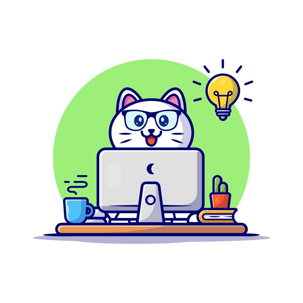 lindo gato trabajando en computadora con ilustración de icono de vector de dibujos animados de taza de café. concepto de icono de tecnología animal vector premium aislado. estilo de dibujos animados plana