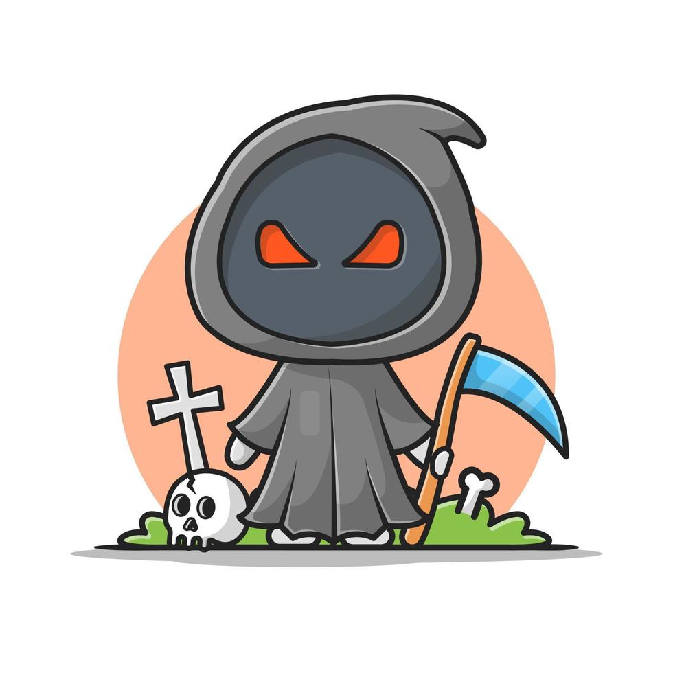 Cute Grim Reaper Holding Scythe Cartoon Vector Icon  Illustration. People Holiday Icon Concept Isolated Premium  Vector. Flat Cartoon Style