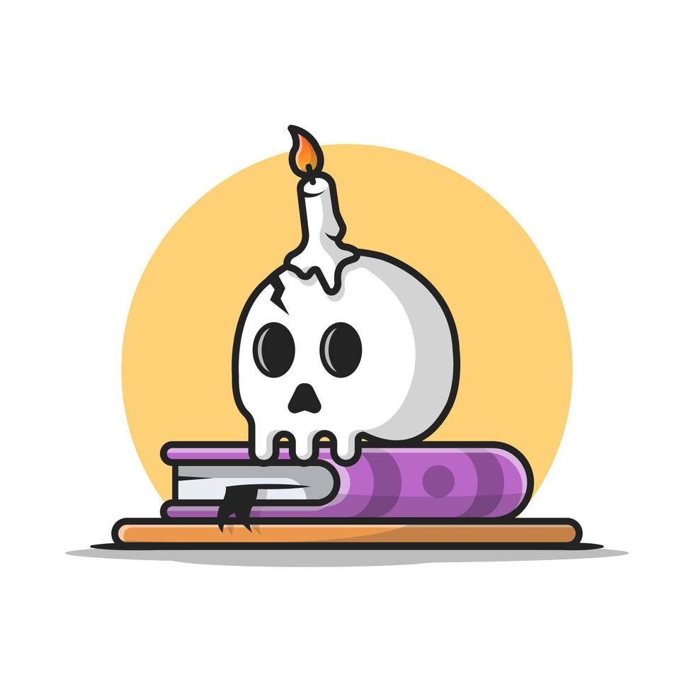 Skull with Candle On Book Cartoon Vector Icon Illustration.  People Holiday Icon Concept Isolated Premium Vector. Flat  Cartoon Style