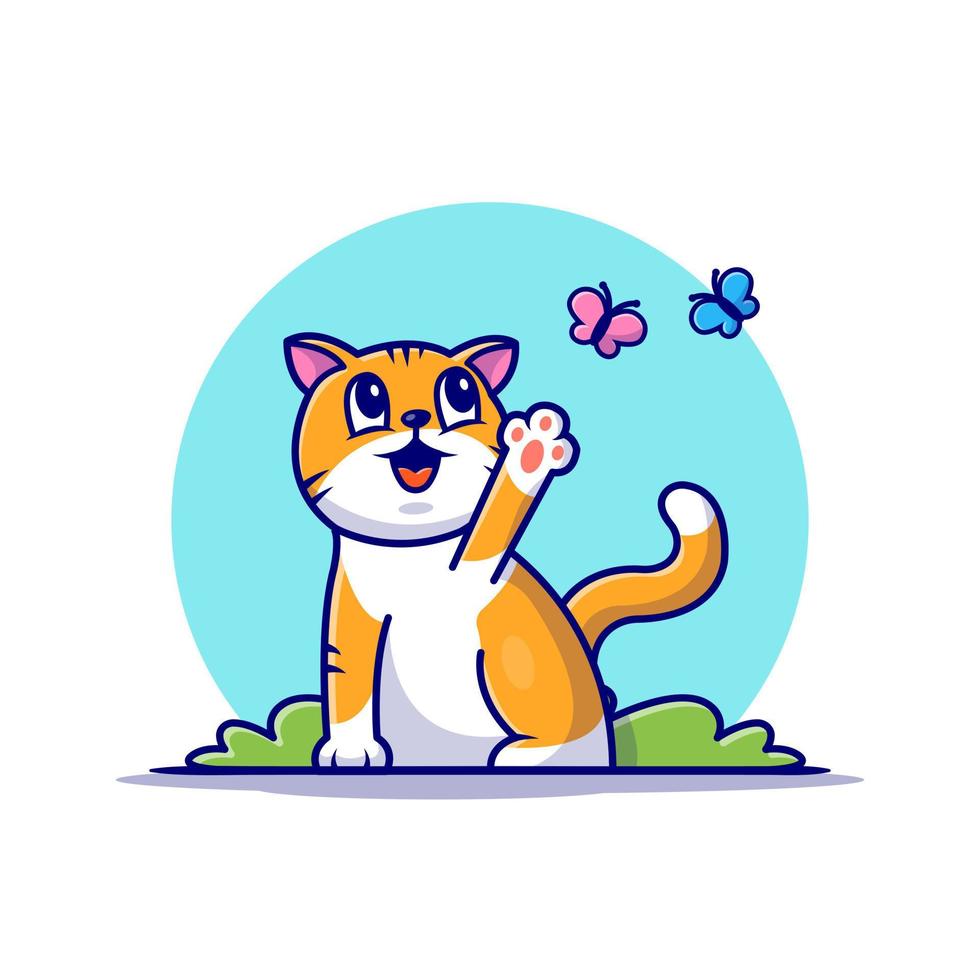 lindo gato con ilustración de icono de vector de dibujos animados de mariposa. concepto de icono de naturaleza animal vector premium aislado. estilo de dibujos animados plana