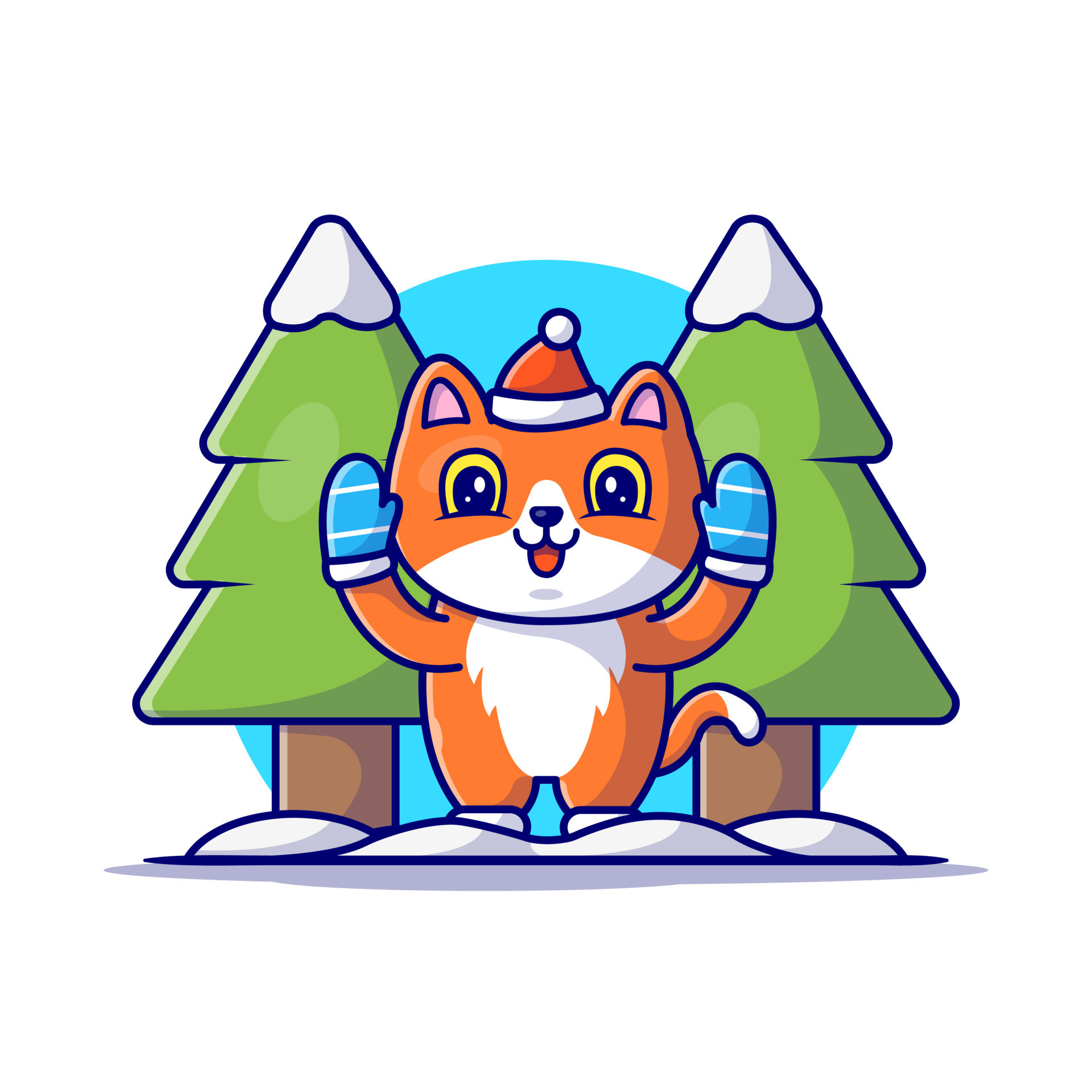 Cute Cat In Snow Winter Cartoon Vector Icon Illustration. Animal Nature