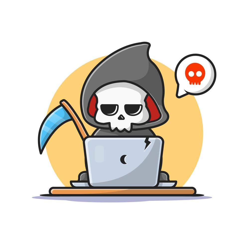 Cute Grim Reaper With Laptop Cartoon Vector Icon Illustration. Technology Holiday Icon Concept Isolated  Premium Vector. Flat Cartoon Style