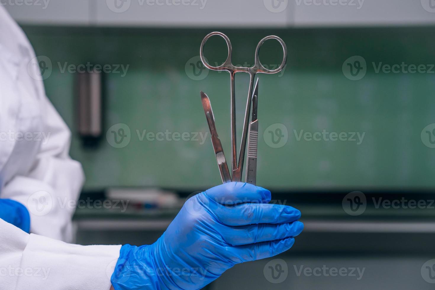 A rubber gloved hand holds two scalpels and a clamp photo