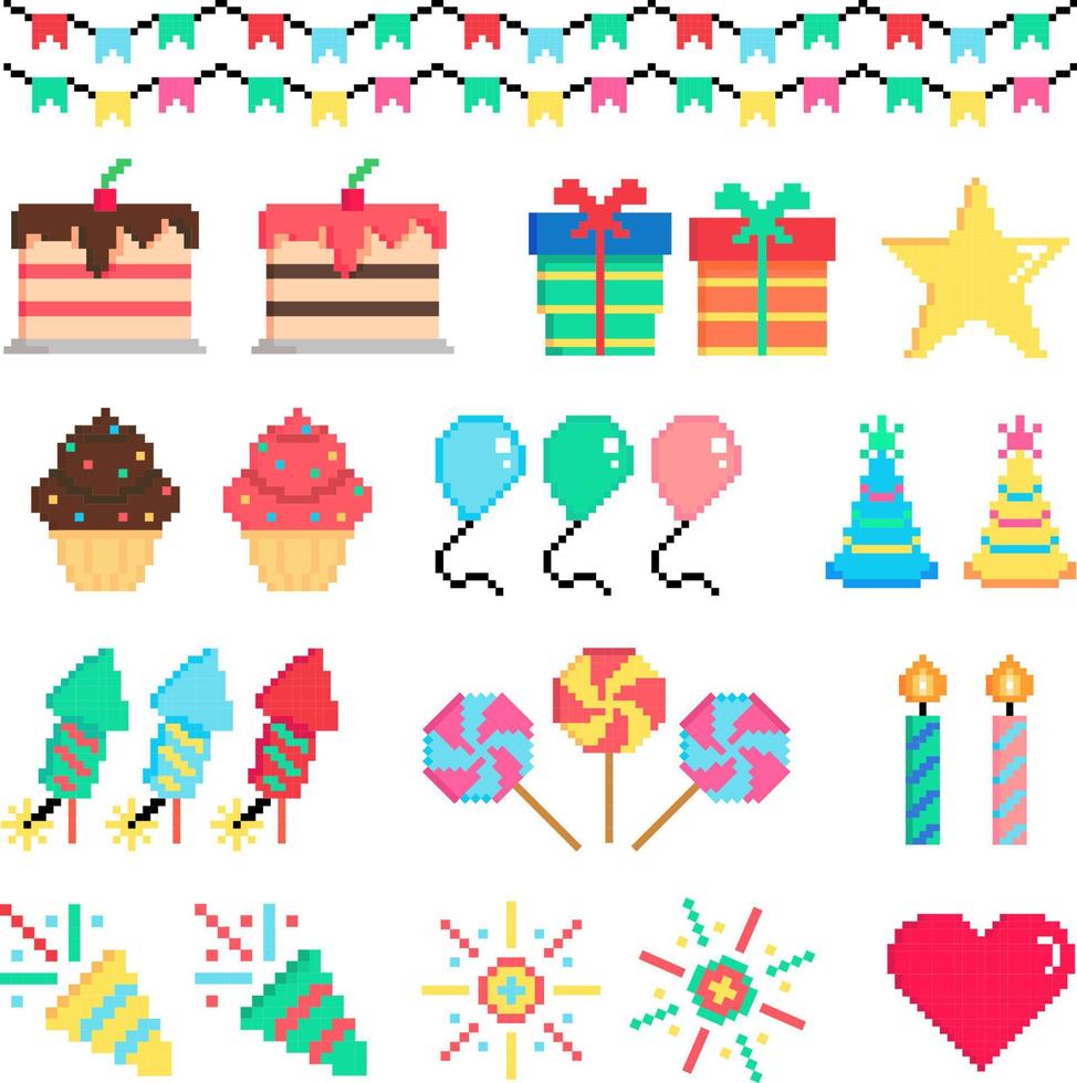 8 bits party elements pixel art set vector