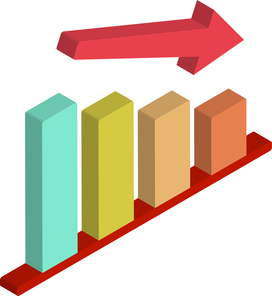 3d icon of decreasing or declining bar chart graph with red arrow going down isometric right view png