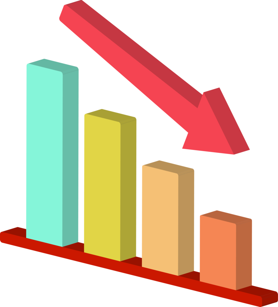 3d icon of decreasing or declining bar chart graph with red arrow going down front left view png