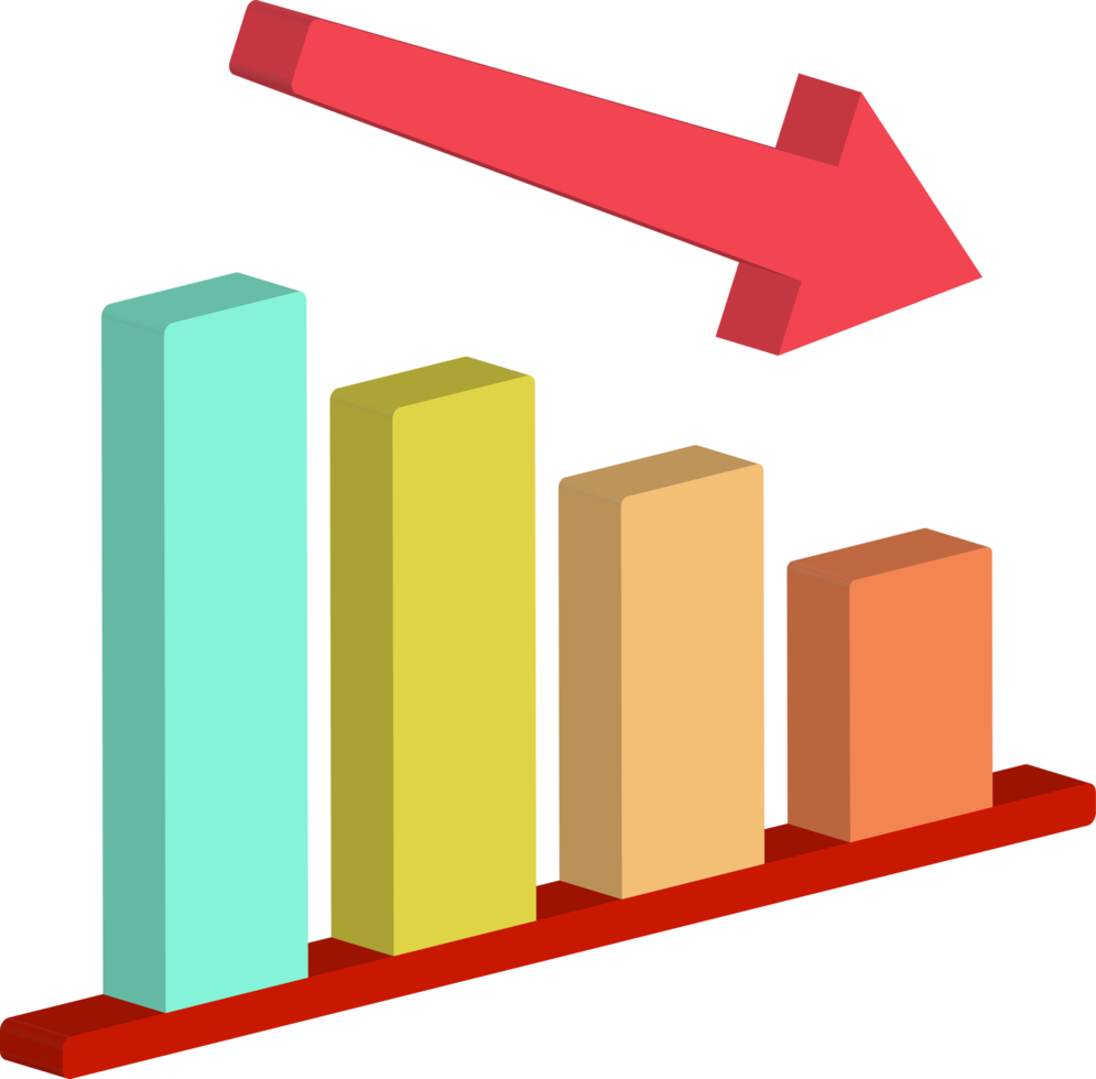 Icône 3d d'un graphique à barres décroissant ou décroissant avec une flèche rouge descendant vers la droite png
