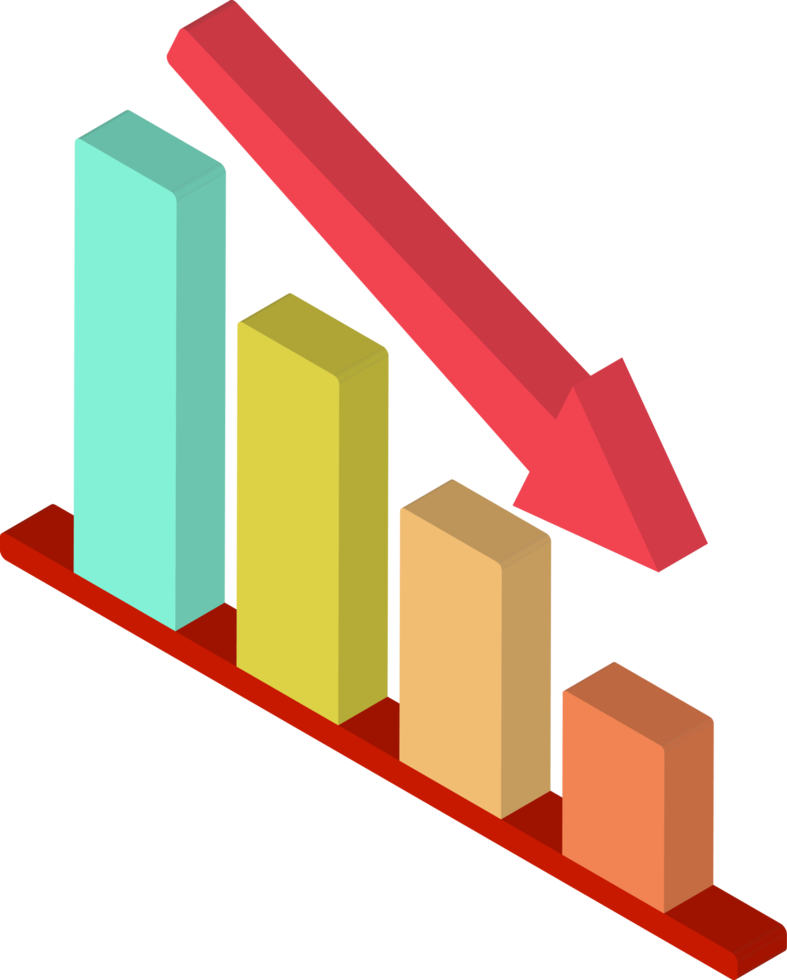 3d icon of decreasing or declining bar chart graph with red arrow going down isometric left view png