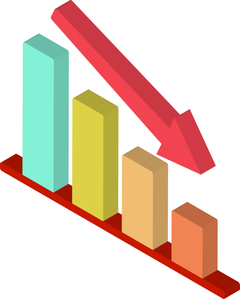 Ícono 3d de gráfico de barras decreciente o decreciente con flecha roja bajando vista izquierda isométrica png