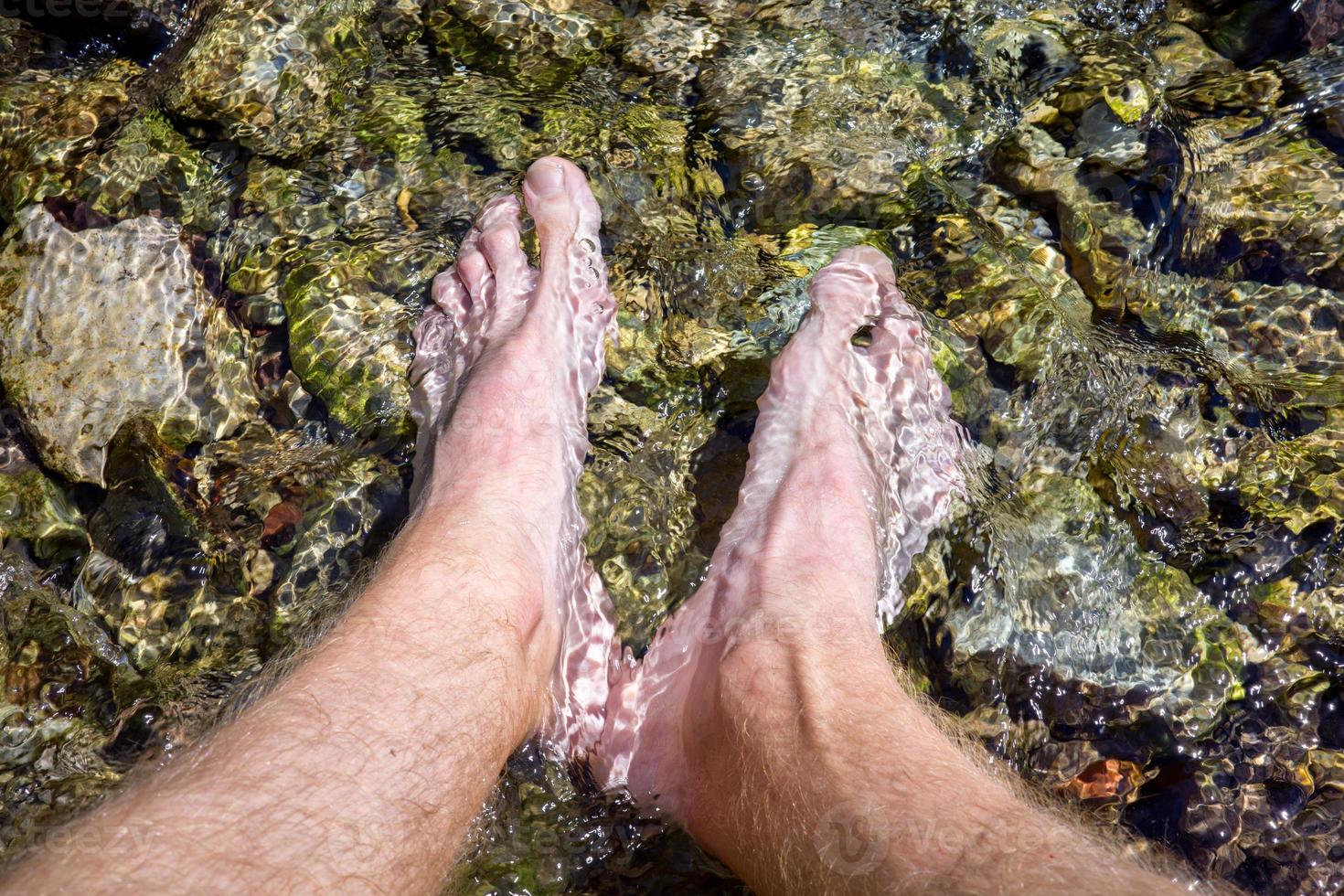 Male feet immersed in the clear water of a mountain stream photo