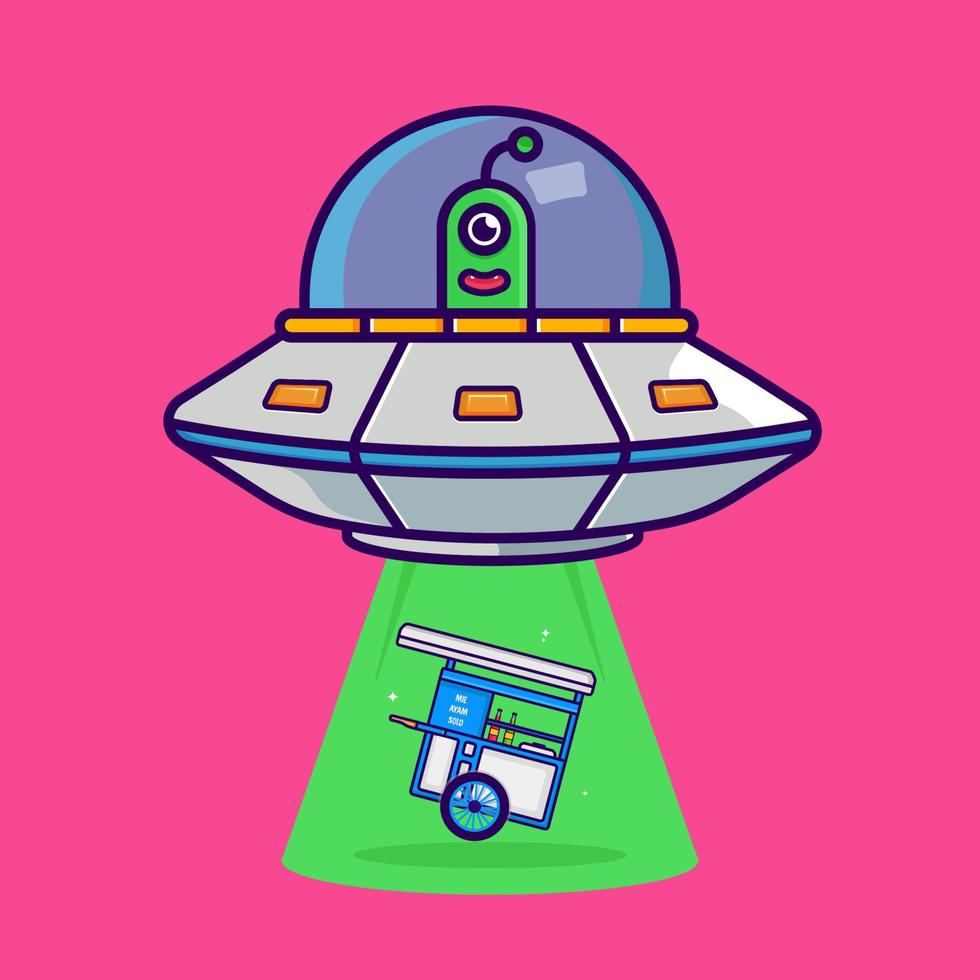 cute ufo pick up chicken noodle cart vector