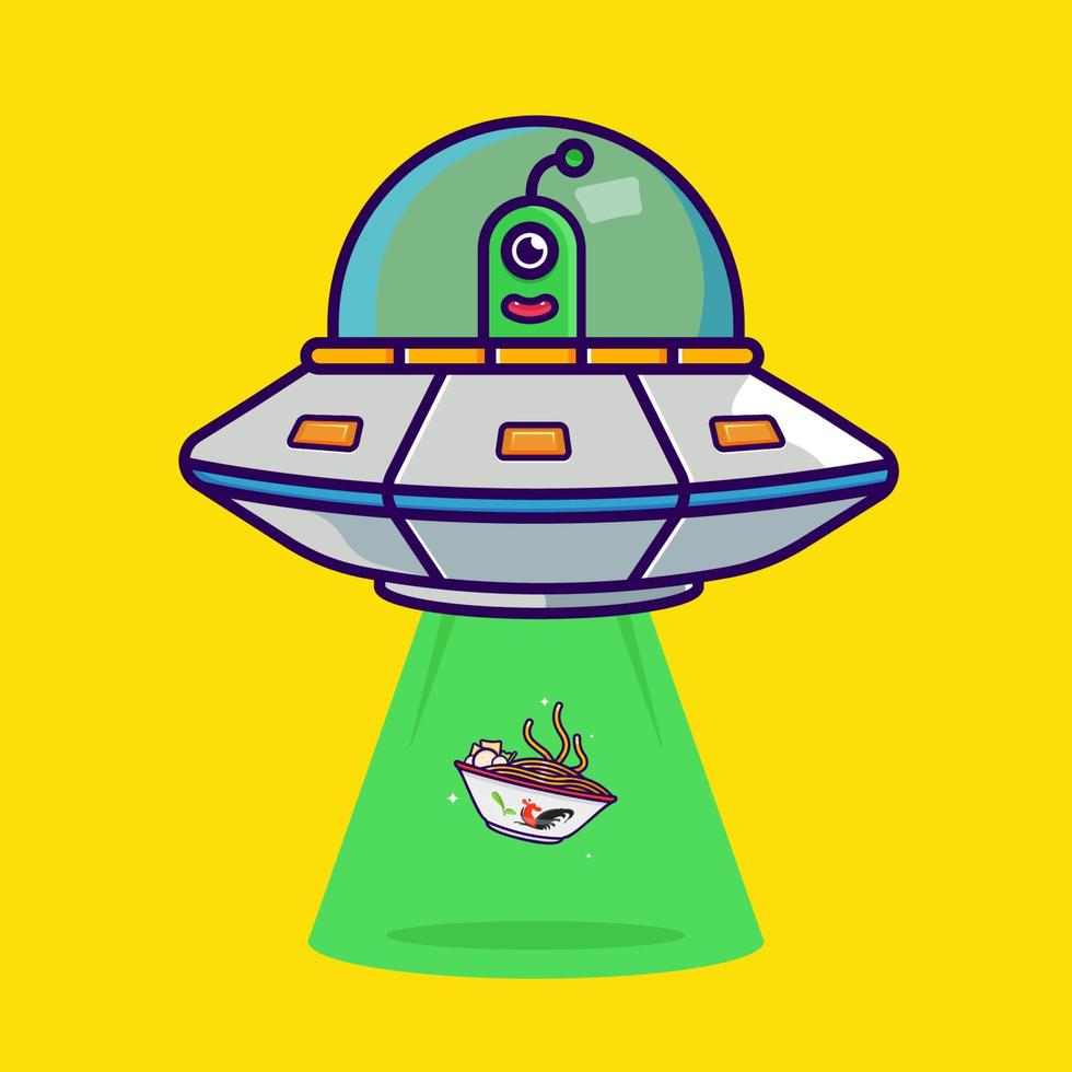 cute ufo taking chicken noodle vector